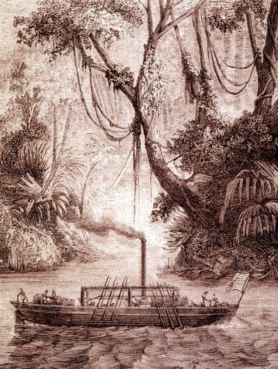 1791年頃、アメリカの発明家、ジョン・フィッチの蒸気船がデラウェア川に登場。 作： Unknown artist