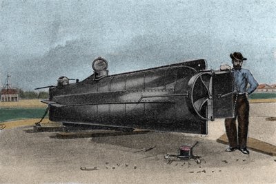分離戦争で南軍が使用した潜水艦（サブマリン）CSS H. L. Hunley。1861-1865年 19世紀のエングレービング 作： Unknown artist