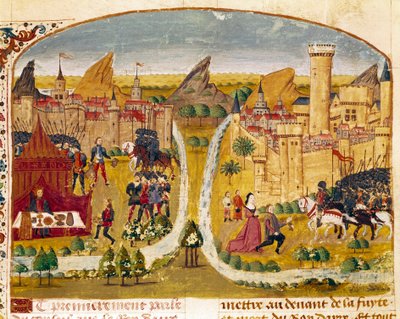 メソポタミアの町の降伏 ミニチュアはQuintus Curtius Rufus (Quinte Curce) (1世紀)による「アレキサンダー大王の事実の書」から抜粋したもので、1468年頃のものです。(Ms 1335) Reims.ランス市立図書館 作： Unknown artist