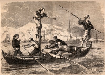 1862年、イタリアのシチリア島の海岸で行われたカジキの銛漁（pesce spada、カジキ）。1862年の "Le Monde illustrious "に掲載されたエングレーヴィング。個人蔵。 作： Unknown artist