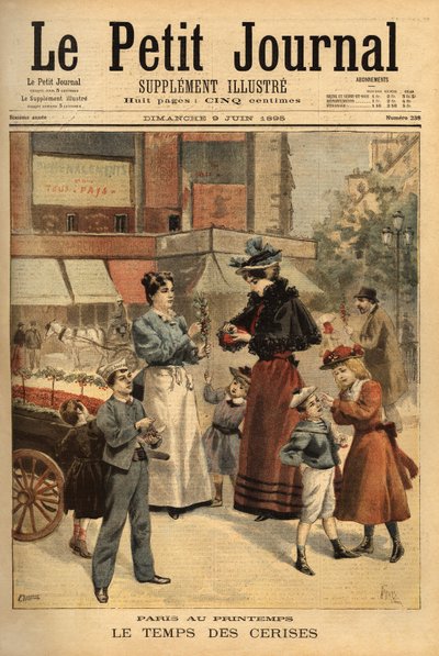 さくらんぼの時期、パリの街を歩く商人。Le petit journal "9/06/1895に掲載されたエングレーヴィング。セルバのコレクション。 作： Unknown artist