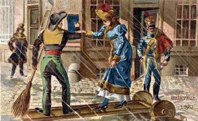 1820年のスイーパーの仕事：若い女性が水たまりを渡るのを手伝うスイーパー。 作： Unknown artist