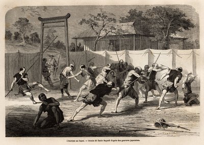 張り巡らされたキャンバスに囲まれたアリーナのような場所で、日本の戦士たちが剣や槍で戦う訓練をしている様子。1863年から1864年にかけて、スイス連邦公使アイム・アンベールが行った日本への航海を説明するために描かれたもので、「Le tour du monde, nouveau 作： Unknown artist