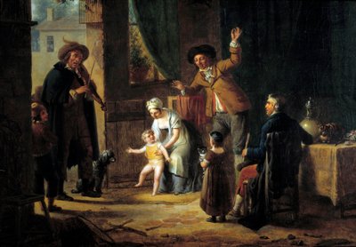 旅する音楽家 家族の家のドアで音楽を奏でるバイオリニスト。匿名の絵画。1819年 パリ、装飾美術 作： Unknown artist