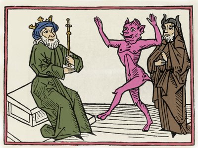 ベリアルの裁判「悪魔ベリアルがソロモン判事の前で踊る」ヤコブス・デ・テラモ（またはパラディーノ）の「ベリアルの裁判」からのエングレーヴィング、アウスブルグ 作： Unknown artist