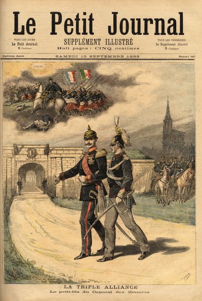 ドイツ、オーストリア、ハンガリー、イタリアの三国同盟は、ドイツ皇帝ウィリアム2世（1859-1941）をヴィクトル王子（1862-1926）が訪問して以来、フランスから反逆罪で訴えられていたが、王子は「ズエーヴ隊の伍長の孫」と呼ばれている。 作： Unknown artist