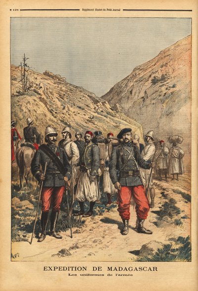 陸軍の制服、マダガスカルからの遠征のためのキャンペーン服。Le petit journal" 21/04/1895に掲載されたエングレーヴィング。セルバのコレクション。 作： Unknown artist