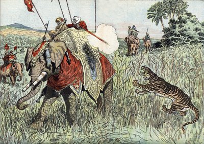 プリンス・オブ・ウェールズ（当時エドワード8世、その後ウィンザー公）（1894年〜1972年）の英領インドへの航海、ここでは虎狩りの際に表現されている」（Prince Edward of Wales during a tiger hunting in the British India 作： Unknown Artist