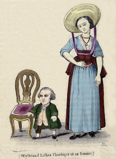 時計職人のウィルブランド・ロルクスとその妻。19世紀のエングレーヴィング。 作： Unknown artist