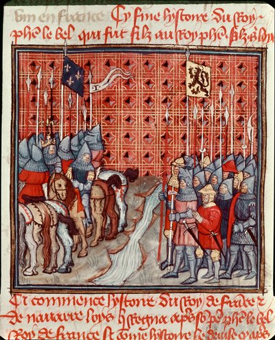 フィリップ4世（1268-1314）の武器が川のほとりで敵のミニチュア軍を迎え撃つ（「フランス大年代記」より）14世紀 シャンティイ、コンデ美術館蔵 作： Unknown artist