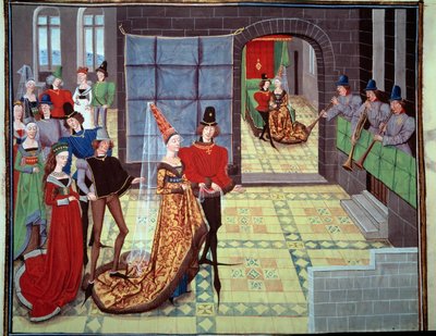 ルノーとクラリスの結婚式、背景は初夜の様子。Loyset Liedet（1448-1478年に活躍）の手稿「Renaud de Montauban」または「Les quatre fils Aymon」のミニチュア。Ms.5073。15世紀 パ・アルセナル図書館（Bibliotheque de l