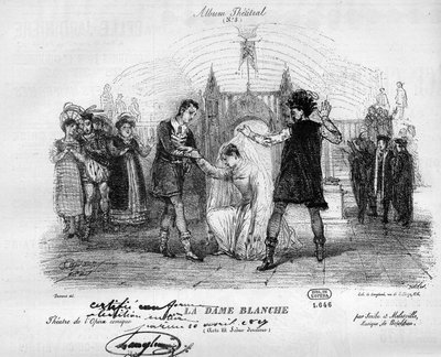 1825年のオリジナル衣装を着た白人女性。フランソワ・アドリアン・ボワリュー（1775-1834）による全3幕のオペラ。"Le Monde Illustré "に掲載されたエングレーヴィング 作： Unknown artist