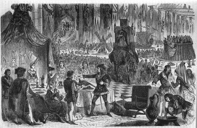 雉子の願い。ブルゴーニュ公フィリップ3世ル・ボン（1396-1467）は、1454年2月17日、コンスタンティノープルの皇帝と一緒に、サル・ド・リルのホテルで宴会を開いた。19世紀のエングレーヴィング。 作： Unknown artist