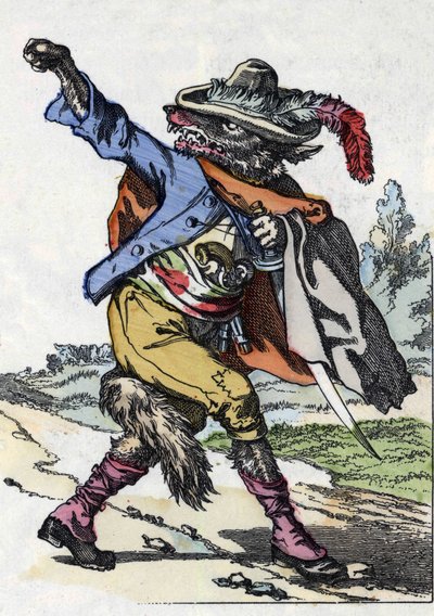 狼です。Compere le Loup, Maitre Renard, Comere la Chevre et ses petits biquets」という物語のイラストを、Jean de la Fontaineの寓話に倣って描いたもの。小さな子供たちのための家庭の物語」の中で。19世紀の匿名のエングレーヴィング。 作： Unknown artist
