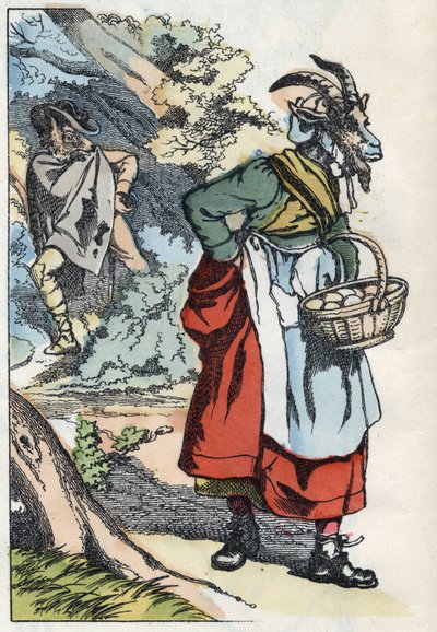オオカミは家を出たヤギを探しています。Jean de la Fontaineの寓話にちなんだ物語「Compere le Loup, Maitre Renard, Comere la Chevre et ses petits biquets」のイラスト。小さな子供たちのための家の物語」の中で。Anonymous engraving 作： Unknown artist