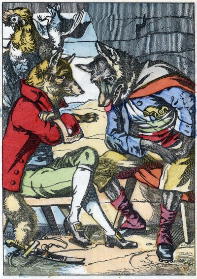 オオカミはキツネと再会する。Jean de la Fontaineの寓話をもとにした物語「Compere le Loup, Maitre Renard, Comere la Chevre et ses petits biquets」のイラスト。小さな子供たちのための家庭の物語」の中で。19世紀の匿名のエングレーヴィング。 作： Unknown artist