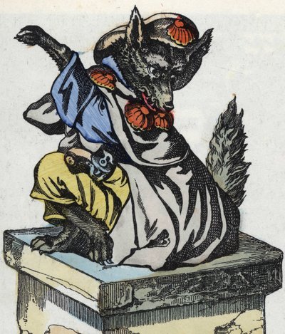 オオカミは煙突の上に座っています。Jean de la Fontaineの寓話にちなんだ物語「Compere le Loup, Maitre Renard, Comere la Chevre et ses petits biquets」のイラスト。小さな子供たちのための家庭の物語」の中で。19世紀の匿名のエングレーヴィング。 作： Unknown artist