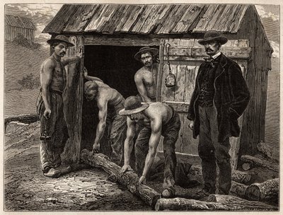 モンシャナン鉱山の木工職人が、井戸の傾斜に木を投げ入れているところ。1865年、L.シモナンがクルーゾーとソーヌとロワールの鉱山への航海を説明するために描いたもので、「Le 作： Unknown artist
