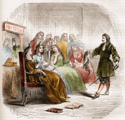 1650年、姉のマドレーヌ・ドゥ・スクデリが開いた文学サロンでの作家ジョルジュ・ド・スクデリ（1598-1667）の様子。1860年から1861年のエングレーヴィング。 作： Unknown artist