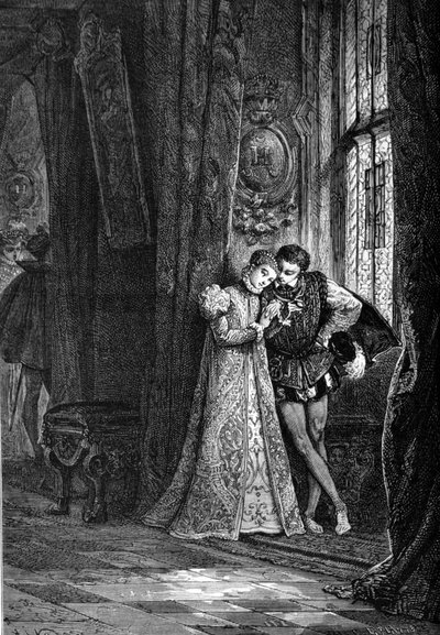 若き婚約者マリー・イレウスチュアート（1542 - 1587）とフランソワ2世（1544 - 1560）は、自分のことは棚に上げて打ち明けることを好んだ。19世紀のエングレーヴィング。 作： Unknown artist