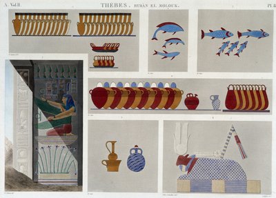 Thebes:pl 87: 東側の王の第5墓の絵画、「Egyptian Antiquites」の同墓入口の第7浮き彫り、sd.19世紀 作： Unknown artist
