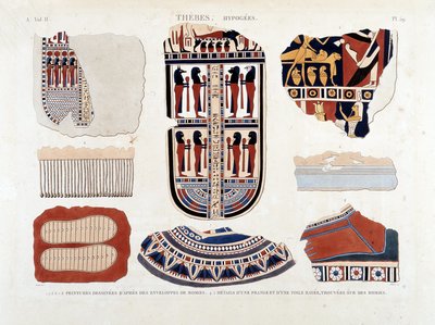 Thebes, Hypogees: 1.2.3.6.7.8. ミイラの封筒からの絵画 4.5.ミイラに描かれていたフリンジとストライプのキャンバスの詳細 - "Description of Egypt" 1809, Antiquite vol.2 pl 112より 作： Unknown artist