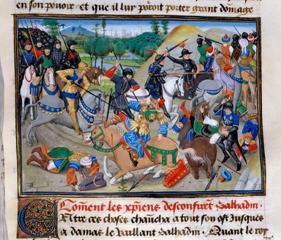 第3回十字軍。"How the Christians confirm Saladin" サラディン（1138-1193）（Salah al Din Yusuf al-Ayyubi (al Ayyubi)）は1191年頃に十字軍に敗北する。ダビッド・オーベール作「クロニクル・アブレジー」よりミニチュア 作： Unknown artist