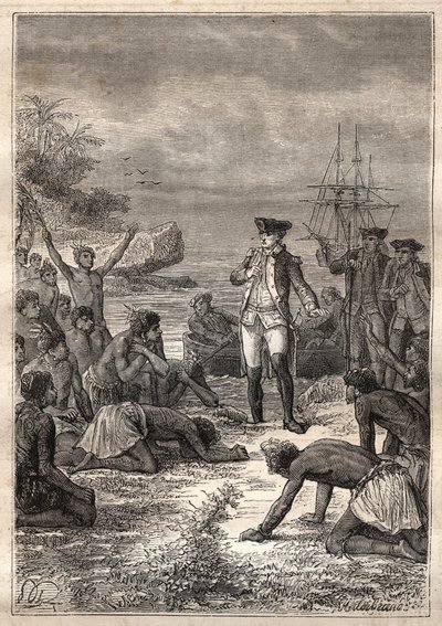 キャプテン・ジェームズ・クック（1728-1779）の第3回目の航海（1776-1779）。原住民（ハワイ）に歓迎されるクック - イラストは "The Great Mariners of the 18th century "より引用 作： Unknown artist