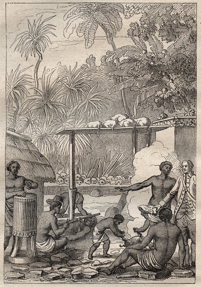 キャプテン・ジェームズ・クック（1728-1779）の第3回航海（1776-1779）：タヒチへの人身御供 - 図版は "The Great Mariners of 18th century "より引用 作： Unknown artist