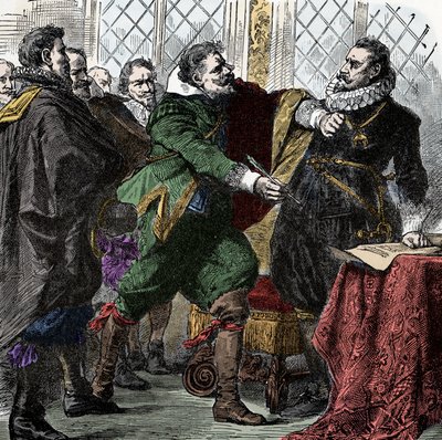 三十年戦争：サインして、ナンデル！？- 三十年戦争（1618-1648）。ポール・ヤコブ・フォン・スターヘンベルグ伯爵（1560-1635）が皇帝フェルディナンド2世（1578-1637）にボヘミアンの平和を回復するための協定に署名するよう求める。 作： Unknown artist