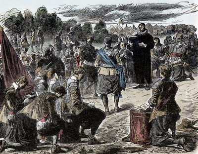 三十年戦争：ルーツェンの戦いの前に祈りを捧げるスウェーデン人 - 三十年戦争（1618-1648）。スウェーデン王グスタフ2世アドルフ（1594-1632）と彼の部隊は、ルーツェンの戦い（1632年）の前に宗教的なお祝いのために集まった。 作： Unknown artist