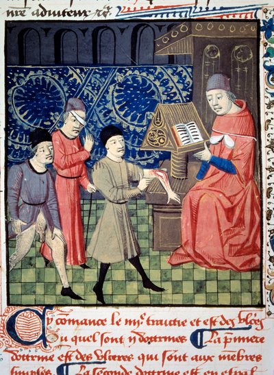 腕、目、性に潰瘍を持つ3人の患者が医師の前にいる。Guy de Chauliac (1290? 1368)が書いた「外科学」(フォリオ66)のミニチュア。15世紀の写本。BN、パリ 作： Unknown artist