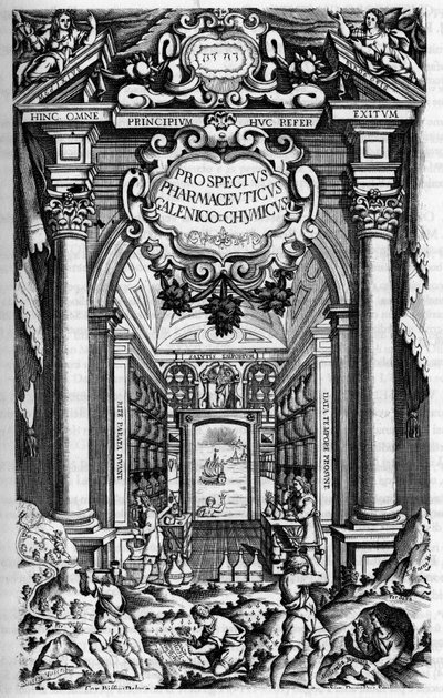 PROSPECTUS PHARMUTICI SUB QUO ANTIDOTARIUM MEDIOLANENSE GALENO-CHIMICUM EXCELLENTIM SENATUS IUSU MEDIOLANI, EX TYPOGRAPHIA CAROLI QUINTI "のタイトルページ。 作： Unknown artist