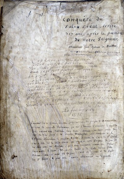 写本のタイトルページ。主人の受難から717年後に書かれた「サン・グレアルの征服」。レンヌ市立図書館、ms.255（円卓の小説コレクション）、パリ 作： Unknown artist