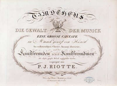 G・F・ヘンデル作曲「Timotheus」（1812年）の楽譜のタイトルページ。 作： Unknown artist