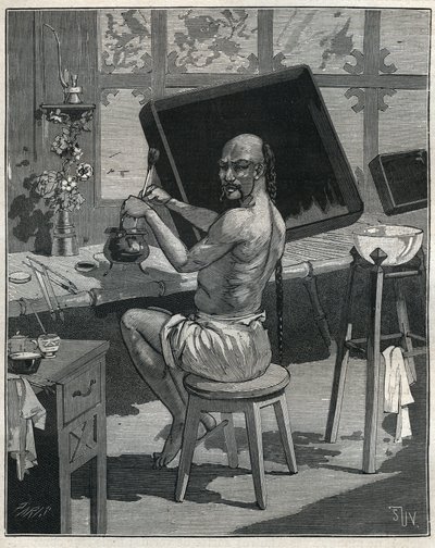 中国のトンオイルラッカー。Adolphe BITARDの "Les arts et metiers illustres "に掲載された1885年のエングレーヴィング。 作： Unknown artist
