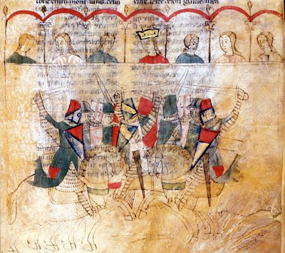 13世紀の写本「Lancelot du Lac」の後のトーナメントシーン。ヴェネツィアのマルツィアーナ国立図書館。 作： Unknown artist