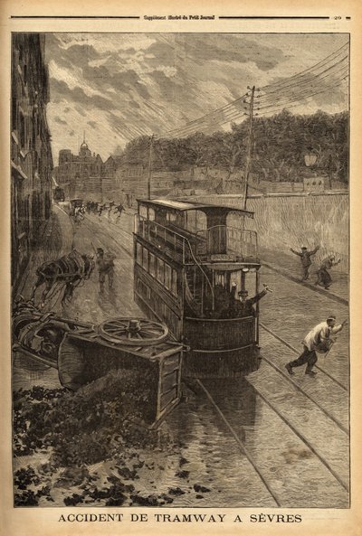セーヴルでの路面電車の事故、物的損害はあったが怪我はなかった。1897年1月24日付「Le petit journal」誌に掲載された版画。セルバ・コレクション。 作： Unknown artist
