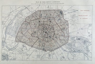 第二帝政期のパリの変貌、オスマン・パリ。1859年6月16日の法律に従って20区に分割された併合後のパリの平面図 - "Atlas administratifs des arrondissements de la Ville de Paris" にて 作： Unknown artist