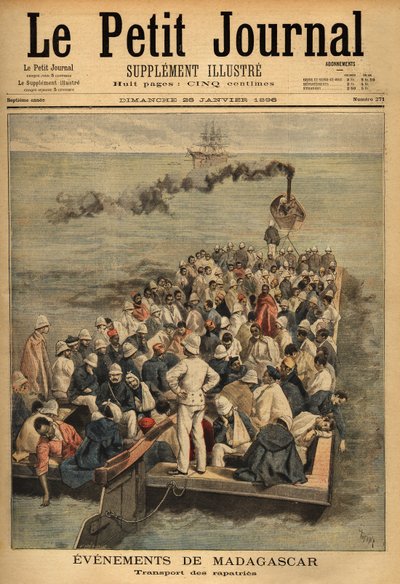 マダガスカルから負傷したラパトリーの輸送。1896年1月26日付「Le petit journal」に掲載された図版。セルバのコレクション。 作： Unknown artist