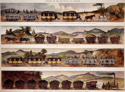 輸送：サンテティエンヌからリヨンまでの貨物・旅客列車の表現。19世紀のパリ、B.N. 作： Unknown artist