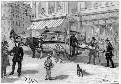 パリ救急隊の車による負傷者の搬送。ラ・ネイチャー」に掲載された版画。科学とその芸術・産業への応用に関する雑誌」に掲載。 作： Unknown artist