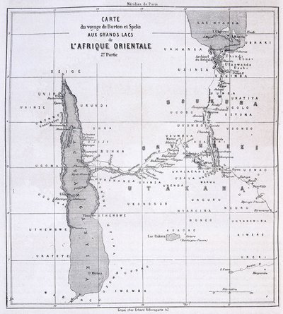 イギリスの探検家リチャード・フランシス・バートン（1821-1890）と東アフリカの五大湖へのスペーク（1857-59年）の旅行地図 - トゥール・デュ・モンドにて 作： Unknown artist