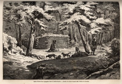 美しい草原（カナダ）にある旅人の冬の小屋、トラッパーとそり遊びのための避難所。1862年から1864年にかけて、ミルトン子爵とチードル医師が行った大西洋から太平洋への航海（ルート・デュ・ノード・ウエスト・パラ・レス・テール）を説明するための版画。 作： Unknown artist