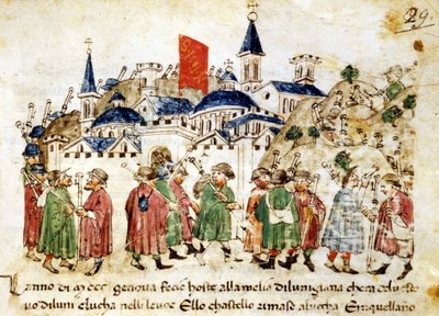 ローマに到着した旅の巡礼者たち。14世紀。クロニクル・セルカンビ。ルッカ、国立公文書館 作： Unknown artist