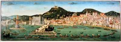 アンジュー家のルネ1世（1409年～1480年）とのイスキア島の戦いの後、フェルディナンド1世（1423年～1494年）の艦隊の凱旋。1464年7月6日。ナポリ、サンマルティーノ国立博物館。 作： Unknown artist