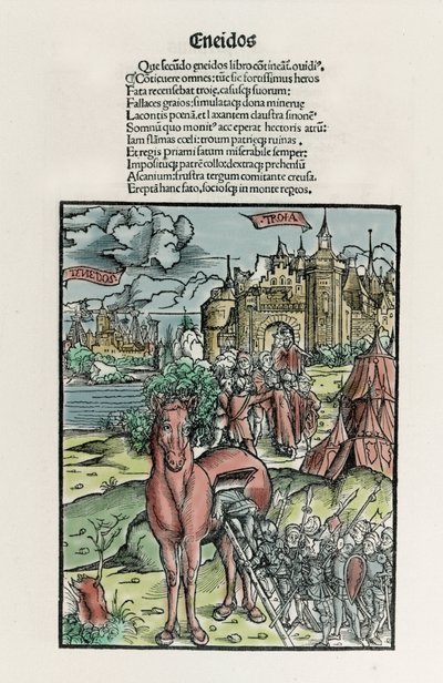 トロイの木馬：ギリシャの戦士たちは、城壁を越えたところで馬を置いていく。エネイドXylography by Sebastian Brant.ストラスブール 作： Unknown artist