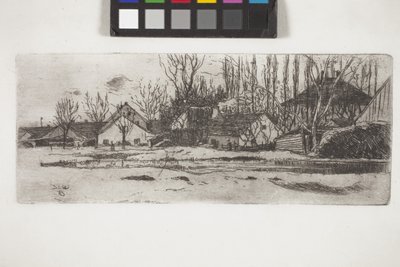 ポプラの路地のある村の前のプール（エッチング） 作： Unknown artist