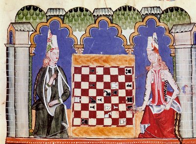 チェスをする二人の女性。賢者アルフォンソ10世（スペイン語ではAlfonso X el Sabio）の手稿「Libro de los juegos」のミニチュア。 作： Unknown artist
