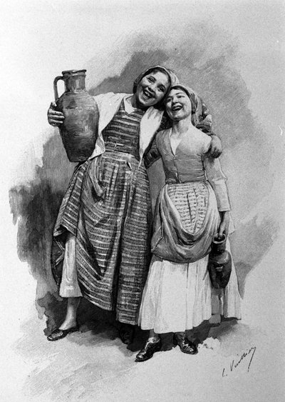 パレルモに住む、民衆の若い女性2人。19世紀のシチリア彫刻 作： Unknown artist